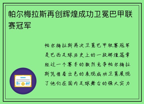 帕尔梅拉斯再创辉煌成功卫冕巴甲联赛冠军